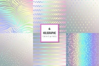 set of trendy holographic textures for cover, brochure, flyer, poster, invitation, stylish design. abstract dotted, striped, celebration confetti background. vector illustration. gradients, patterns.