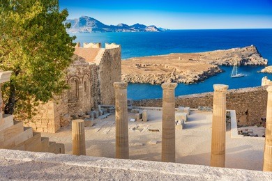 staircase of the propylaea and church of st. john on the acropolis of lindos (rhodes, greece)