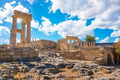 stoa, portico and propylaea on acropolis of lindos (rhodes, greece)
