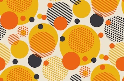 geometric circle seamless pattern vector illustration in retro 60s style. vintage 1970s ball shapes abstract motif in hot orange and yellow colors for carpet, wrapping paper, fabric, background.

