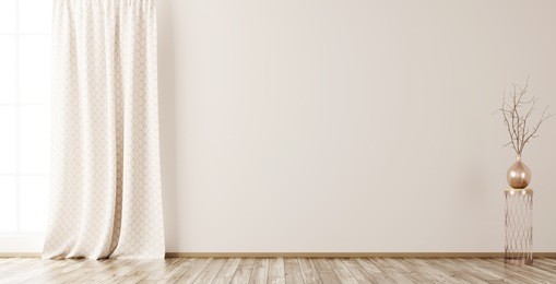 empty interior background, room with beige wall, vase with branch and window 3d rendering