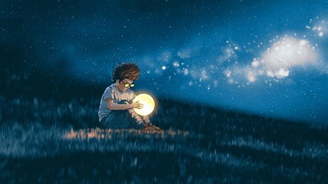 night scene showing young boy with a little moon in his hands sitting on meadow, digital art style, illustration painting