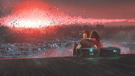 end of world concept showing a young couple looking at nuclear explosion destroying city, digital art style, illustration painting