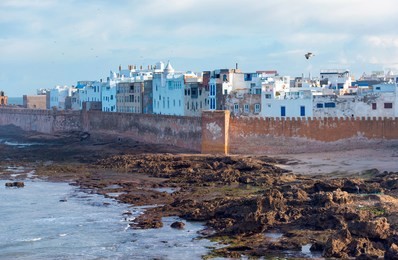 amazing panoramic view of essaouira ramparts aerial in essaouira, morocco.