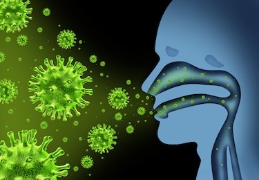 flu virus spread caused by influenza with human symptoms of fever infecting the nose and throat as deadly microscopic microbe cells with 3d illustration elements.