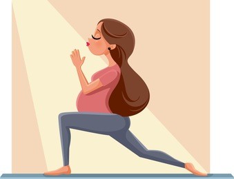 pregnant woman in prenatal yoga pose cartoon illustration. expecting girl exercising on pilates mat in anticipation of childbirth
