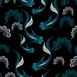 embroidery seamless pattern with beautiful  ethnic koi fish. vector embroidery for fashion textile and fabric.