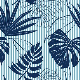 summer navy blue tropical forest leaves bright mood on sky blue stripe seamless pattern for fashoin fabric ,wallpaper book , card and etc 