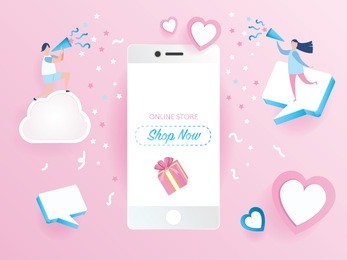 sale promotion on mobile phone design for banner sale with lovely joyful couple celebration in pink background. pink heart and love.vector illustration..paper art style.