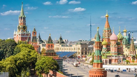 panoramic view of moscow kremlin and st basil's cathedral on the red square in moscow, russia. the red square is the main tourist attraction of moscow. beautiful sunny cityscape of central moscow.