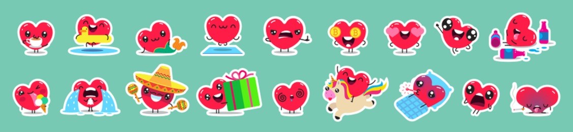 set of patch badges and stickers with cute hearts characters. vector design.
