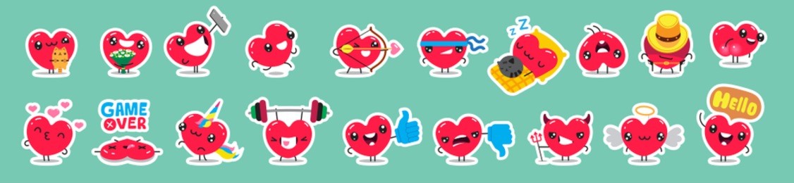 set of patch badges and stickers with cute hearts characters. vector design.