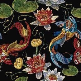 embroidery koi fish and water lily seamless pattern