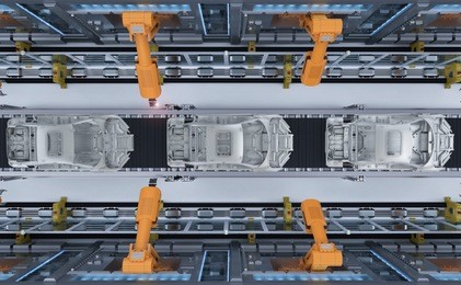 3d rendering robot assembly line in car factory