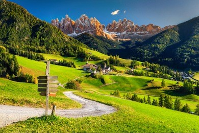fabulous best alpine place of the world, santa maddalena village with majestic high dolomites mountains in background, val di funes valley, trentino alto adige region, italy, europe