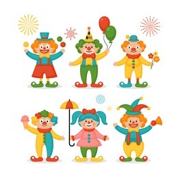 cute clown character design set. birthday or carnival party invitation. vector illustration