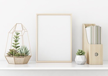 home interior poster mock up with vertical gold metal frame and succulents on white wall background. 3d rendering.