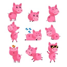 set of cute little pig in different actions. sleeping, dancing, walking, sitting, jumping. cartoon character of pink domestic animal. isolated flat vector design