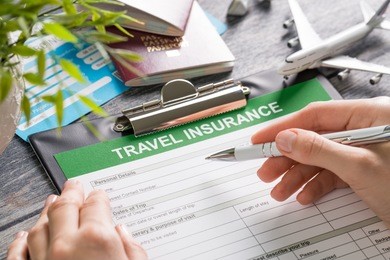 travel agent ticket safe plan trip holiday model insurance money concept air form business security paper transportation concept - stock image