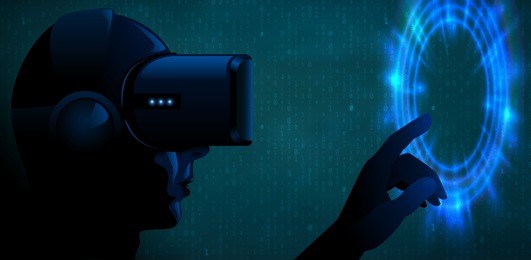 vector young man wearing virtual reality headset 3d glasses and touch blue glow portal or futuristic interface. cyber silhouette character dark techno vr banner. turquoise binary code background