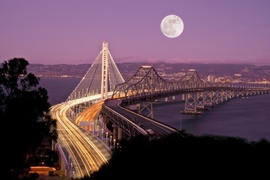 full, super moon and san francisco new bay bridge at night