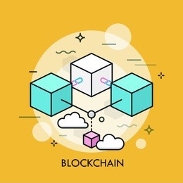 colorful cubes or blocks connected by chain links. concept of blockchain, technology of distributed digital transaction record. creative vector illustration in thin line style for web banner, poster.