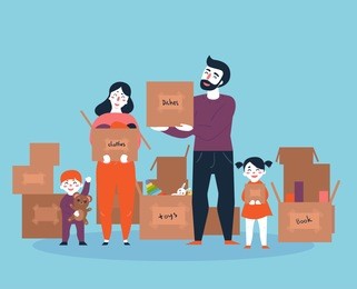 family moving into a new house with boxes full of household things. man, woman an their kids. boy and girl with parents moved to new place. cartoon illustration in flat style.