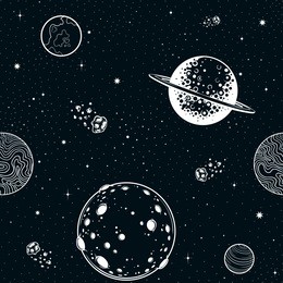 vector black and white space planets seamless pattern