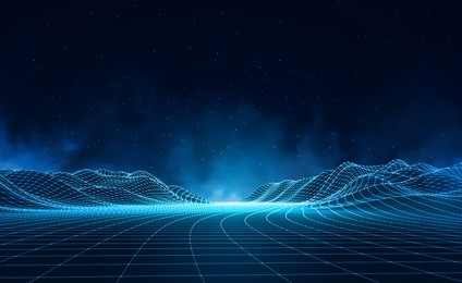 abstract digital landscape with particles dots and stars on horizon. wireframe landscape background. big data. 3d futuristic vector illustration. 80s retro sci-fi background