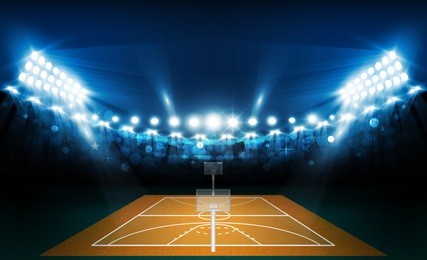 basketball arena field with bright stadium lights design. vector illumination