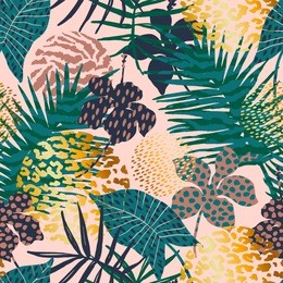 trendy seamless exotic pattern with tropical plants and animal prints. vector illustration. modern abstract design for paper, wallpaper, cover, fabric, interior decor and other users