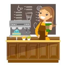 young caucasian white friendly barista standing behind the counter with coffee-machine and making a cup of coffee. vector cartoon illustration isolated on white background.