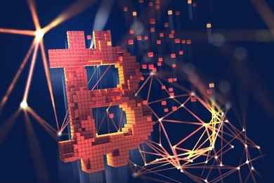 bitcoin 3d illustration. futuristic concept of mining cryptocurrency. blockchain. bitcoin symbol consisting of separate flaming blocks is located on the background of a polygonal network