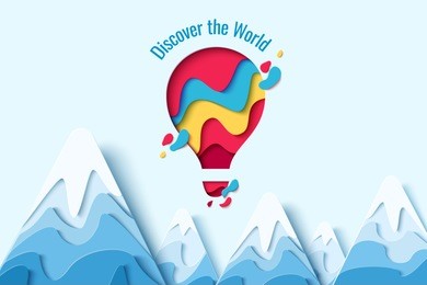 discover the world paper art concept of hot air balloon in sky with clouds over mountains. vector travel origami paper cut banner