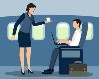 vector illustration of air stewardess serving first class passenger on the flight. flat style design.