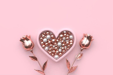 pink heart frame many metallic sphere inside and rose pink background valentine concept 3d rendering