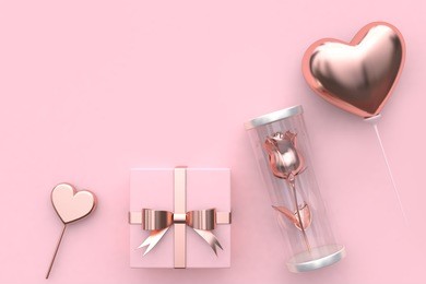 pink background heart shape gift box rose inside jar balloon heart abstract valentine concept 3d rendering