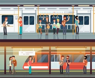 subway inside with people man and waman. metro platform and train interior. urban metro vector concept. illustration of metro platform, underground station with passenger people