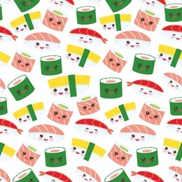 seamless pattern kawaii funny sushi rolls set with pink cheeks and big eyes, emoji baby japanese background isolated on white. vector