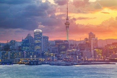 auckland. cityscape image of auckland skyline, new zealand during sunset.