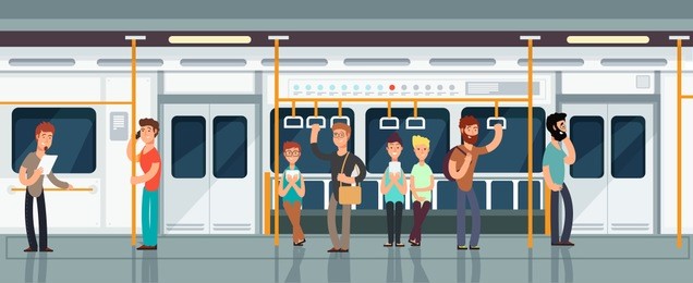modern subway passenger carriage interior with people vector illustration. interior of train with passenger transportation