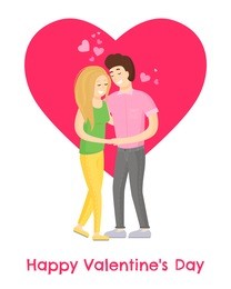 happy valentines day poster sweet smiling couple hugging, young lovers embracing each other, hearts over them, boy and girl in love vector illustration