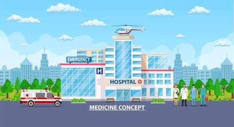 hospital building, medical icon. healthcare, hospital and medical diagnostics. urgency and emergency services. car and helicopter and team specialist doctor. vector illustration in flat style