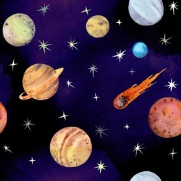 space seamless pattern - planets, comet, stars. watercolor cosmic background