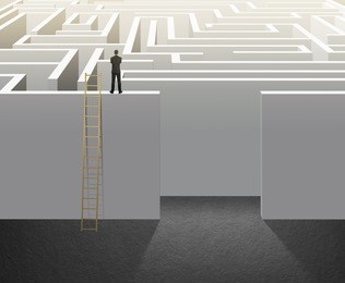 businessman climb on ladder to plan exit with maze
