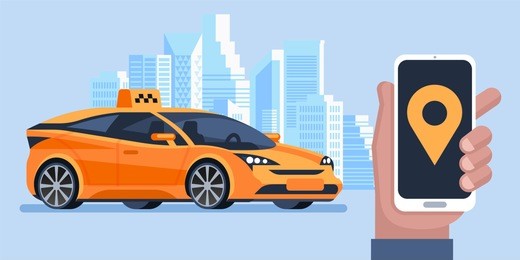 taxi banner. online mobile application order taxi service. man call a taxi by smartphone. vector horizontal illustration.