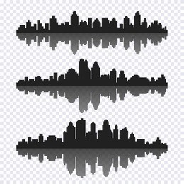 vector set of different black horizontal cityscape with reflection. vector city silhouettes, element for design banners,web design, architectural backgrounds