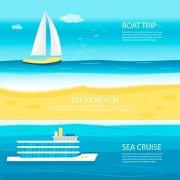 collection of vertical banner with sea, ocean and nautical vehicles: sail boat, ship, vessel, luxury yacht, speedboat. creative flyer template for beach summer holiday travel. vector illustration.