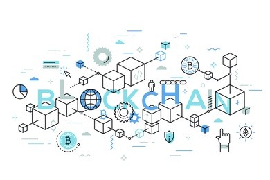 blockchain word surrounded by cubes or blocks arranged into chain, bitcoin symbols. distributed digital transaction record. infographic banner with elements in thin line style. vector illustration.