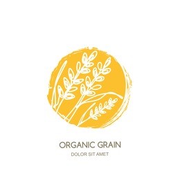 vector logo sign, label or package watercolor circle emblem with linear hand drawn rice, wheat ears, rye grains. concept for asian agriculture, organic cereal products, bread and bakery.
